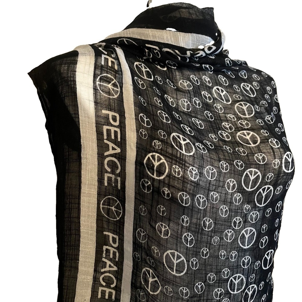 Peace Sign Scarf Wrap Shawl AOP Black Lightweight Semi Sheer Retro 70s Hippie